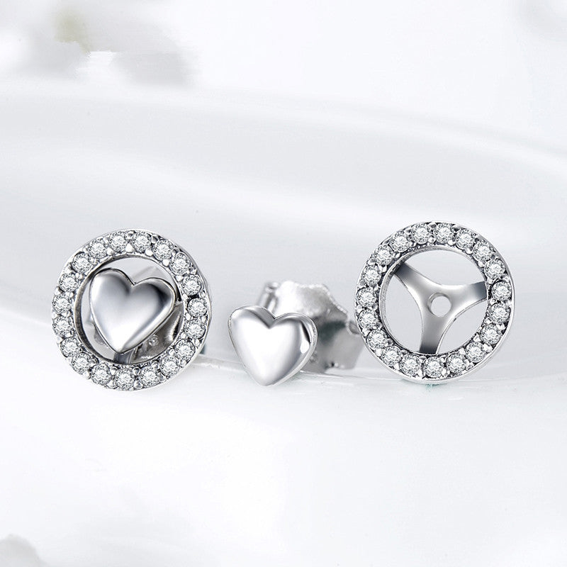 Sterling Silver Pave Heart Circle Studs