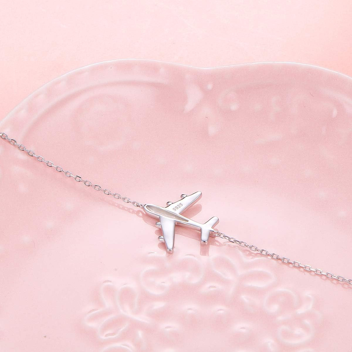 Airplane Sideways Choker Necklace S925 Sterling Silver Aircraft Jelwery Adjustable Clavicle Necklace 15+3 Inch for Women Lady, Best Gifts for Stewardess Flight Attendants