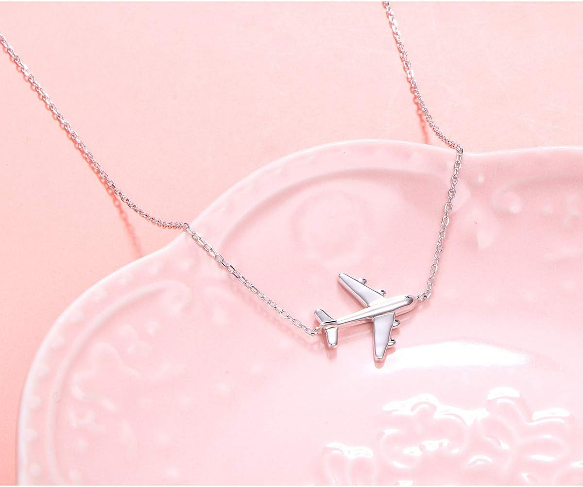 Airplane Sideways Choker Necklace S925 Sterling Silver Aircraft Jelwery Adjustable Clavicle Necklace 15+3 Inch for Women Lady, Best Gifts for Stewardess Flight Attendants