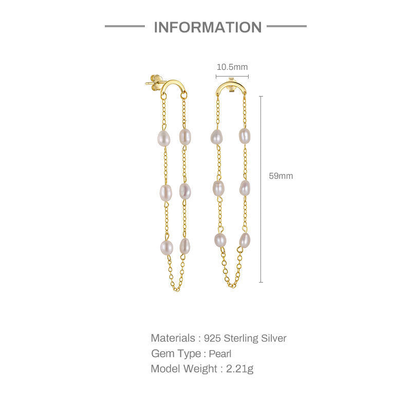 Sterling Silver Pearl Chain Tassel Dangel Earrings
