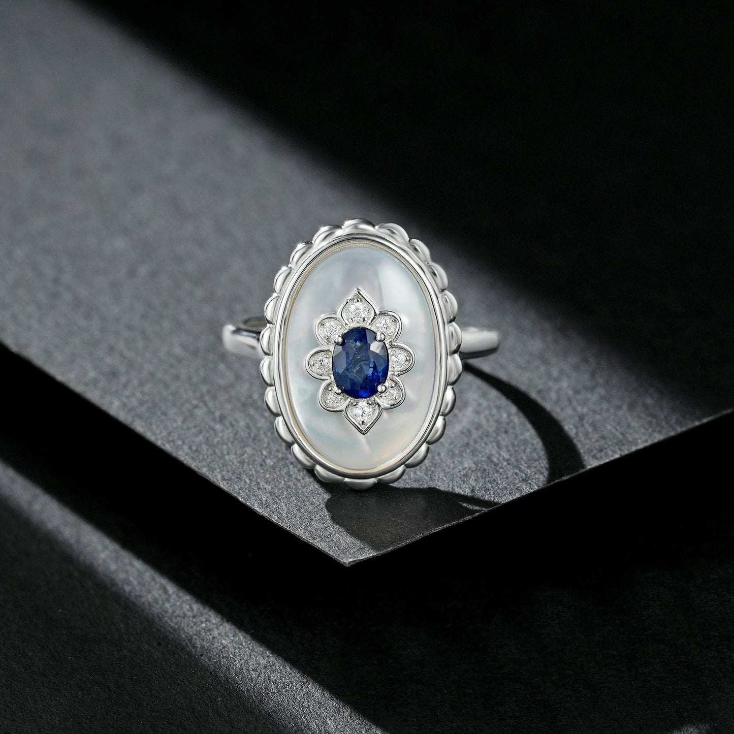 Sterling Silver Art Deco Framed Sapphire Coin Ring