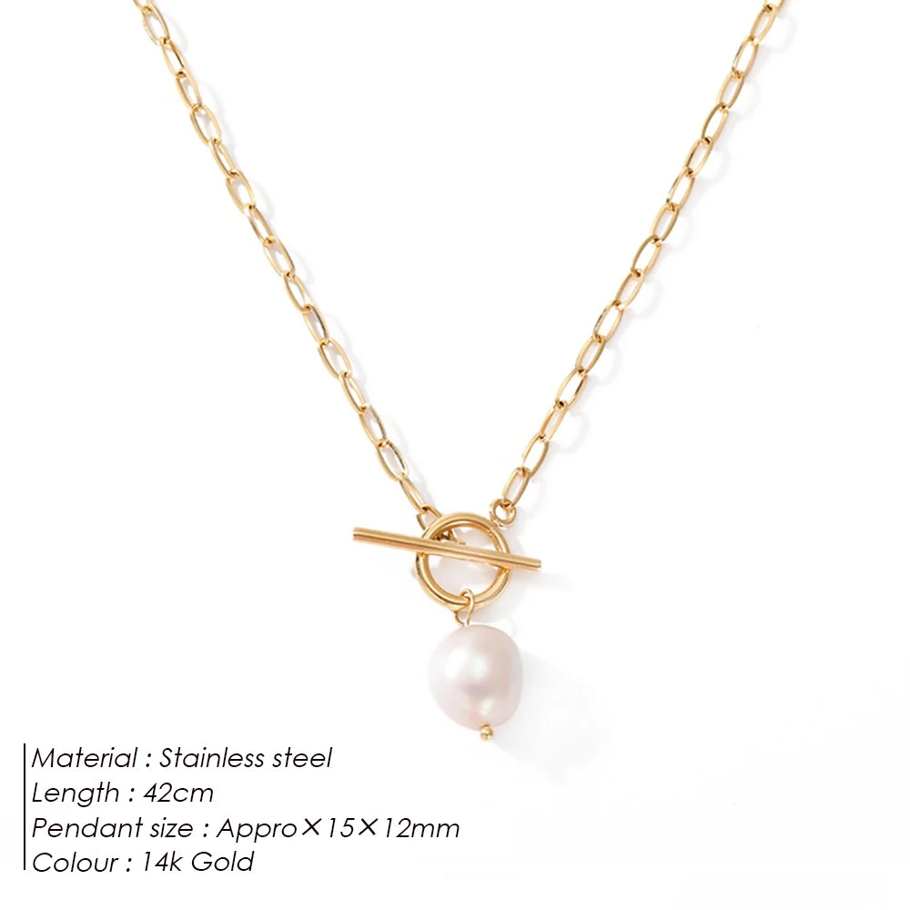 Emanco Freshwater Pearl Toggle Necklace for Women Paperclip Chain Necklace Stainless Steel Long Box Square Chain Long Choker