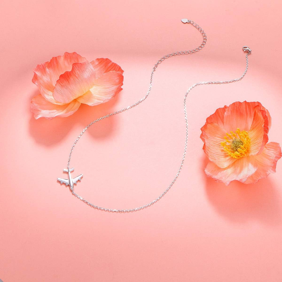 Airplane Sideways Choker Necklace S925 Sterling Silver Aircraft Jelwery Adjustable Clavicle Necklace 15+3 Inch for Women Lady, Best Gifts for Stewardess Flight Attendants