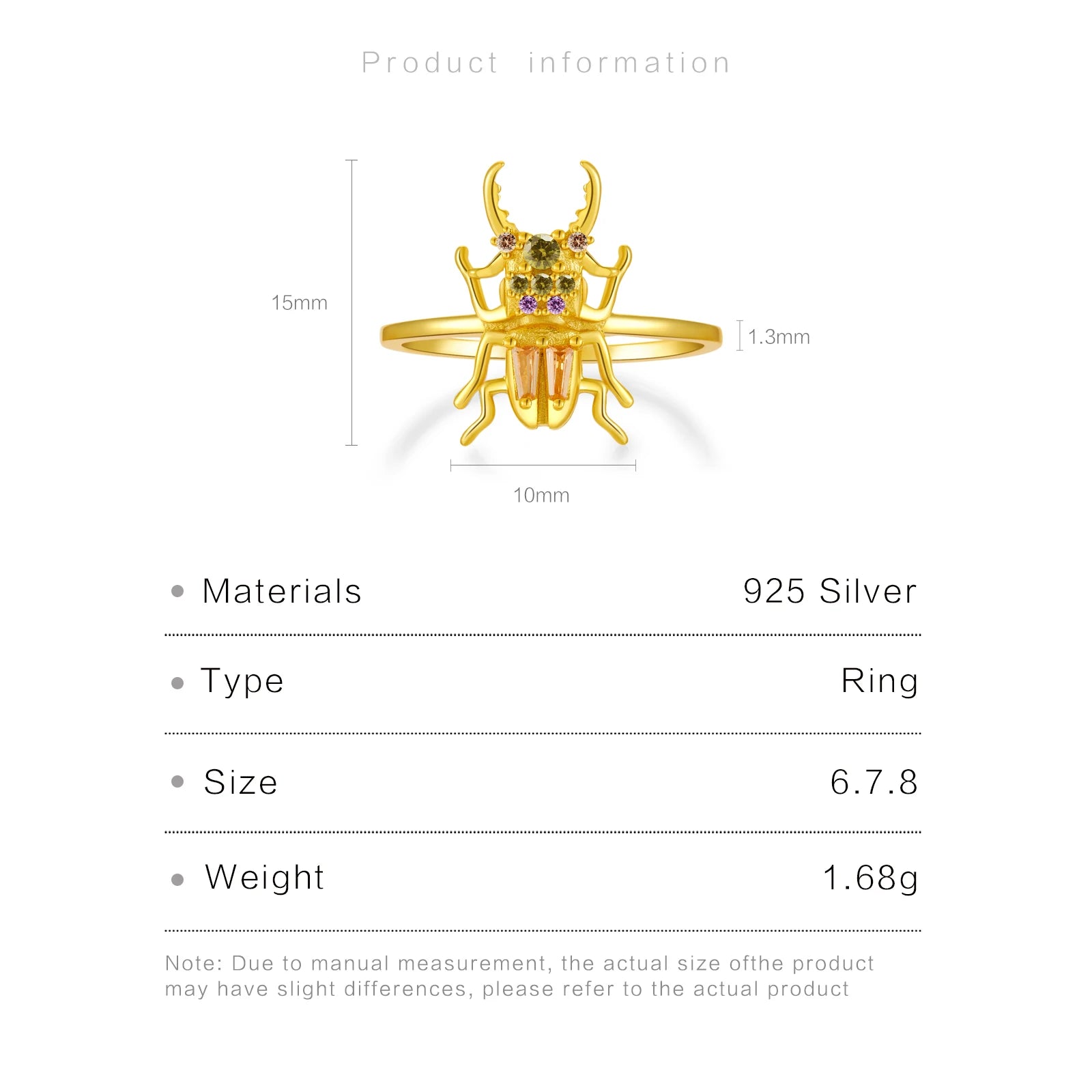 100% 925 Sterling Silver Gold New Courage Zircon Beetle Ring Fine Jewelry Luxury 2021 Luxury Rainbow Jewels Crystal