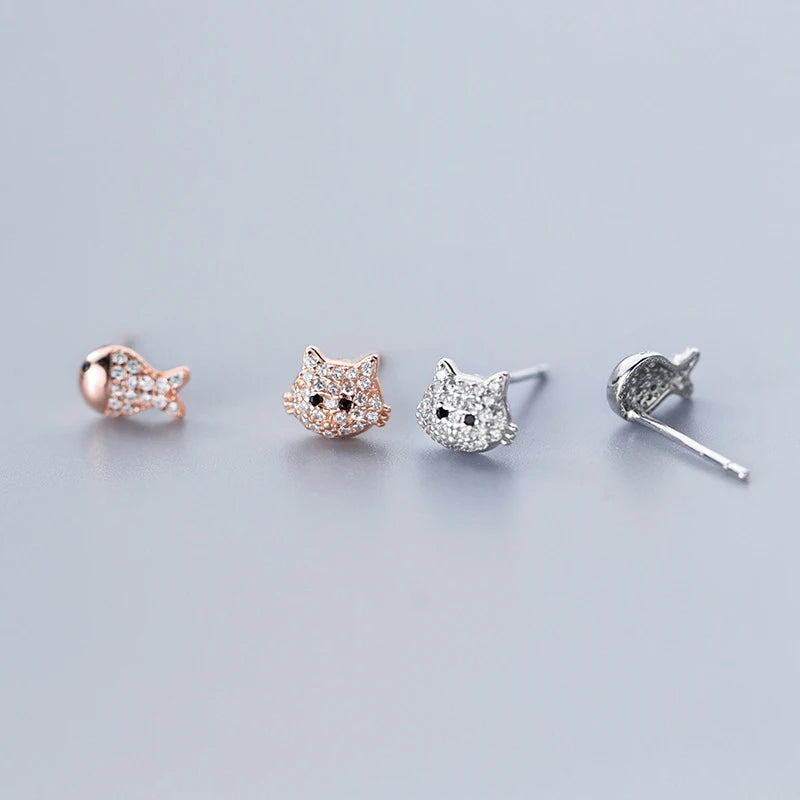Dazzzling Clear CZ Cute Cat Face Fish Asymmetry Stud Earring for Women 925 Sterling Silver Animal Ear Studs Fine Jewelry