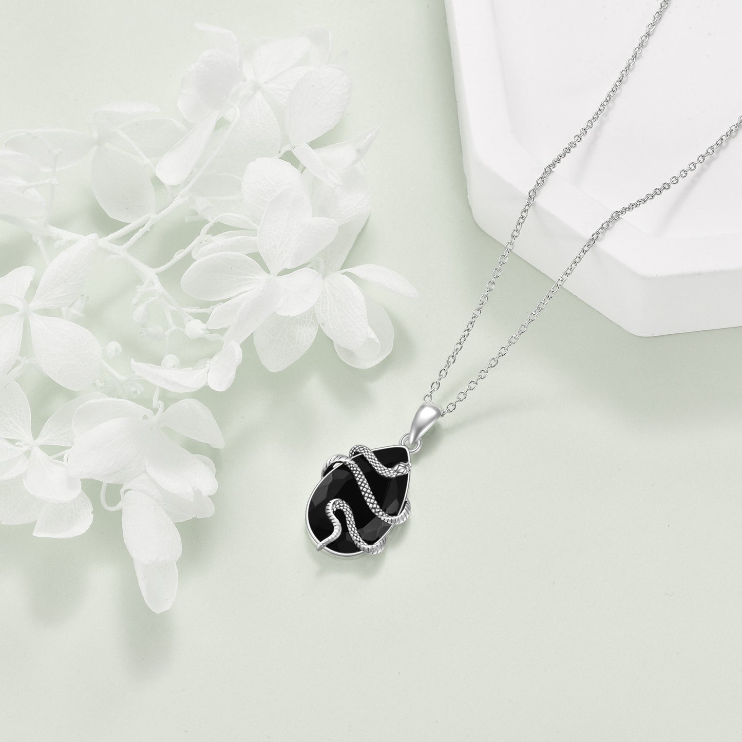 Sterling Silver Obsidian-Tourmaline Snake Pendant Necklace