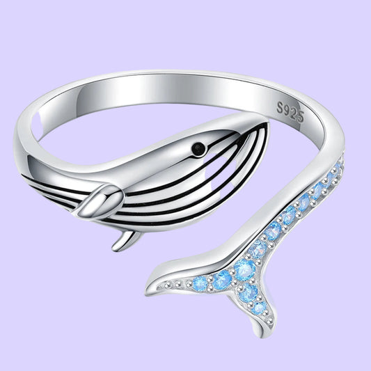 925 Sterling Silver Whale Adjustable Finger Cute Sea Animals Fish Open Ring Birthday Christmas Jewelry Gift for Women Teen Girls