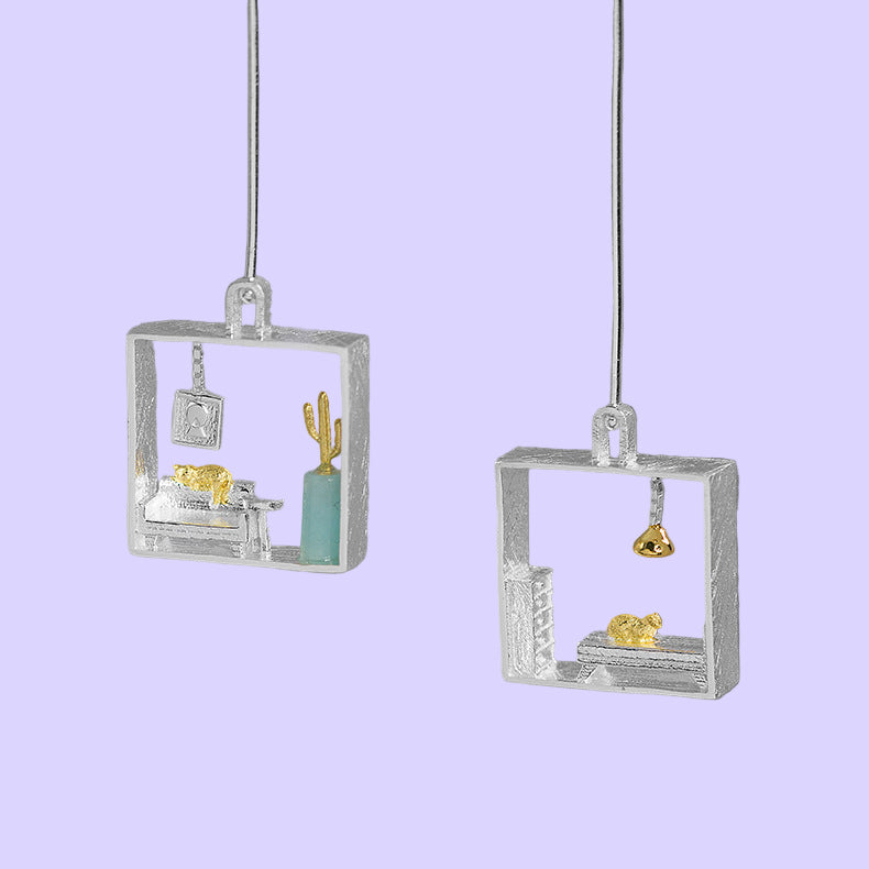 Sterling Silver Kitten in the Living Room Drop Earrings
