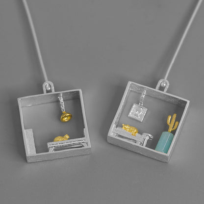 Sterling Silver Kitten in the Living Room Drop Earrings