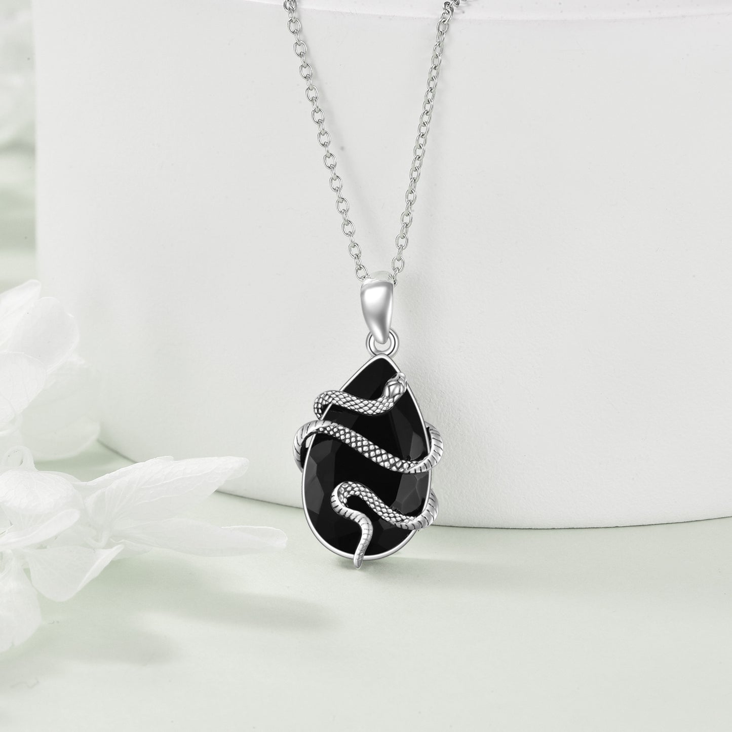 Sterling Silver Obsidian-Tourmaline Snake Pendant Necklace