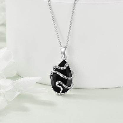 Sterling Silver Obsidian-Tourmaline Snake Pendant Necklace