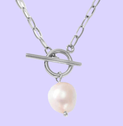 Emanco Freshwater Pearl Toggle Necklace for Women Paperclip Chain Necklace Stainless Steel Long Box Square Chain Long Choker