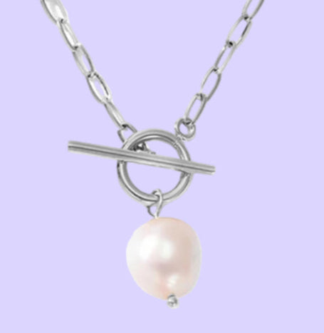 Emanco Freshwater Pearl Toggle Necklace for Women Paperclip Chain Necklace Stainless Steel Long Box Square Chain Long Choker