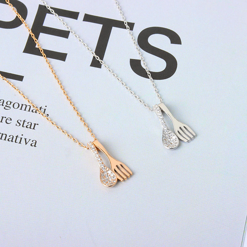 Sterling Silver Pave Spoon with Fork Necklace