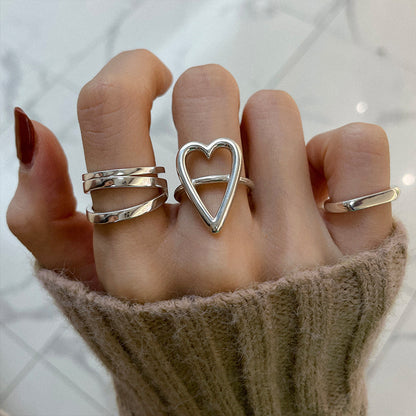 Sterling Silver Long Hollow Heart Multilayer Ring