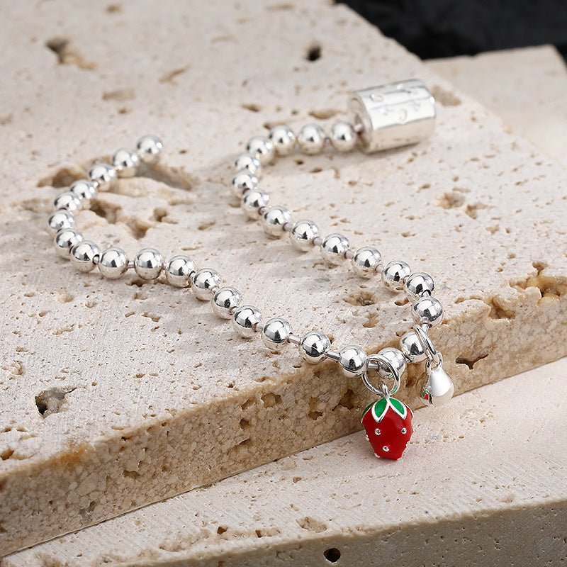 Sterling Silver Tiny Strawberry & Bell Silver Bead Bracelet