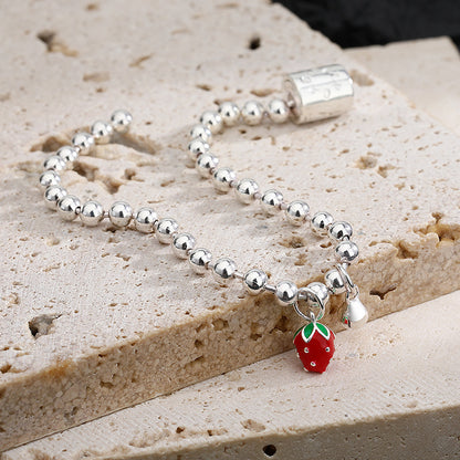 Sterling Silver Tiny Strawberry & Bell Silver Bead Bracelet