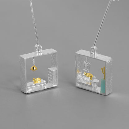 Sterling Silver Kitten in the Living Room Drop Earrings