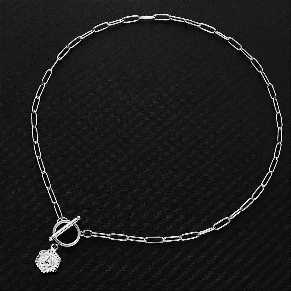 Stainless Steel Geometry Tag 26 Letter Initial Pendant Necklaces for Women Alphabet Toggle Choker Necklace Name Jewelry
