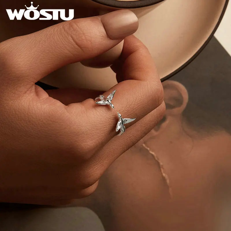 Real 925 Sterling Silver Double Kingfisher Opening Ring for Women Cute Bird Stackable Rings Jewelry Gift Party Accessories