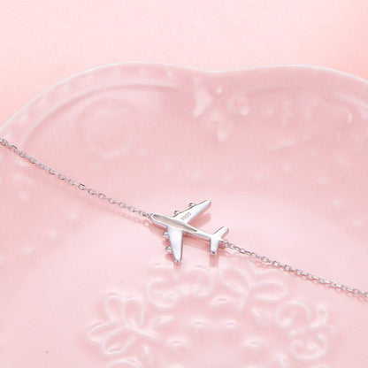 Airplane Sideways Choker Necklace S925 Sterling Silver Aircraft Jelwery Adjustable Clavicle Necklace 15+3 Inch for Women Lady, Best Gifts for Stewardess Flight Attendants