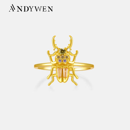 100% 925 Sterling Silver Gold New Courage Zircon Beetle Ring Fine Jewelry Luxury 2021 Luxury Rainbow Jewels Crystal