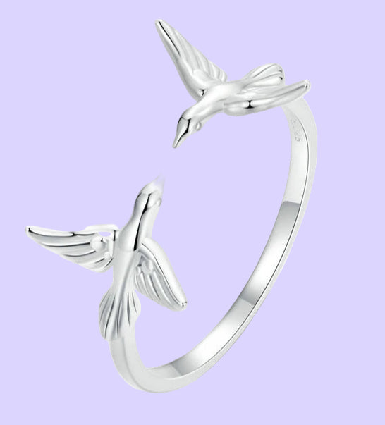 Real 925 Sterling Silver Double Kingfisher Opening Ring for Women Cute Bird Stackable Rings Jewelry Gift Party Accessories