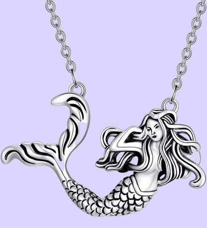 Mermaid Necklace, 925 Sterling Silver Rose Pendant Necklace Jewelry Gift for Women Girls Mother or Dauther