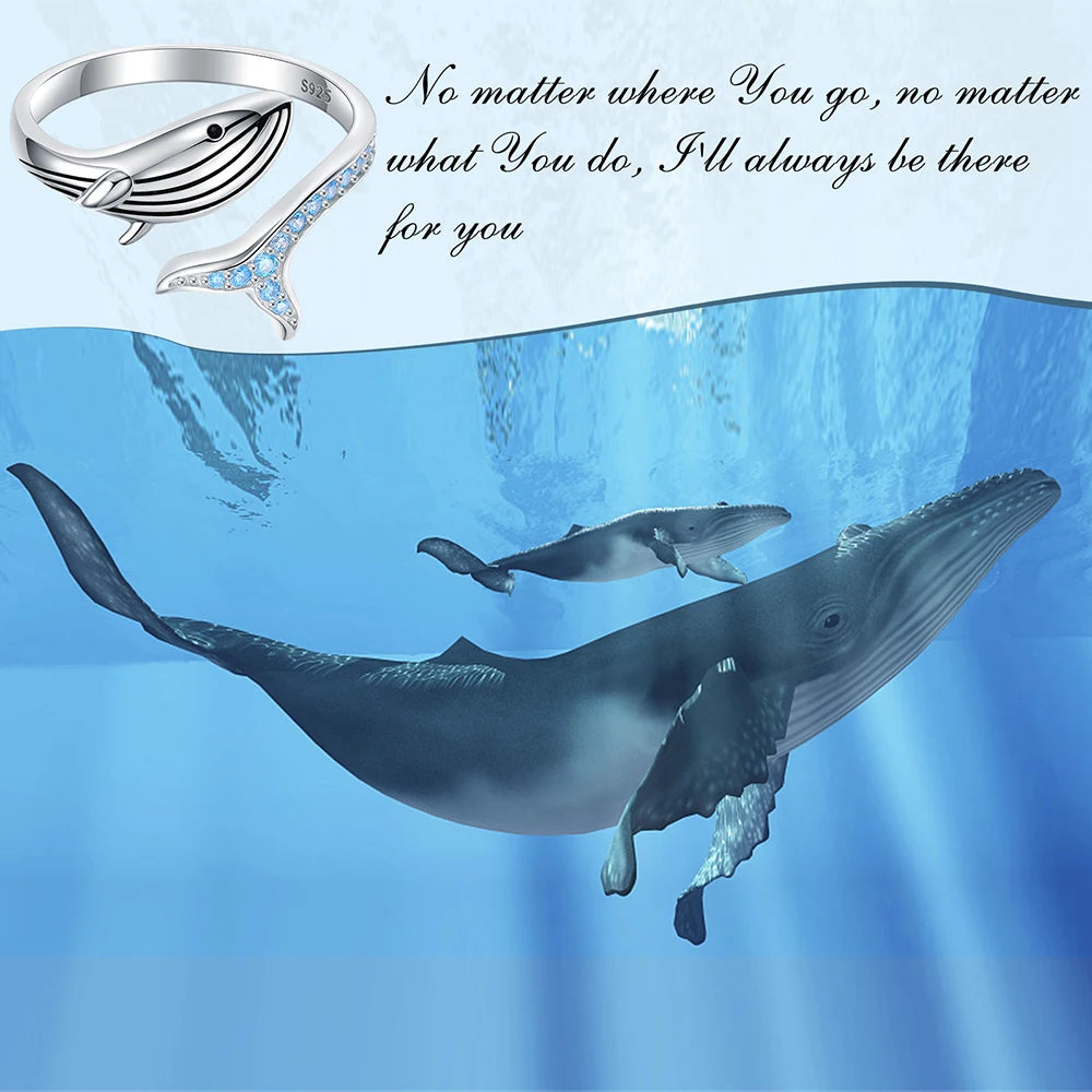 925 Sterling Silver Whale Adjustable Finger Cute Sea Animals Fish Open Ring Birthday Christmas Jewelry Gift for Women Teen Girls