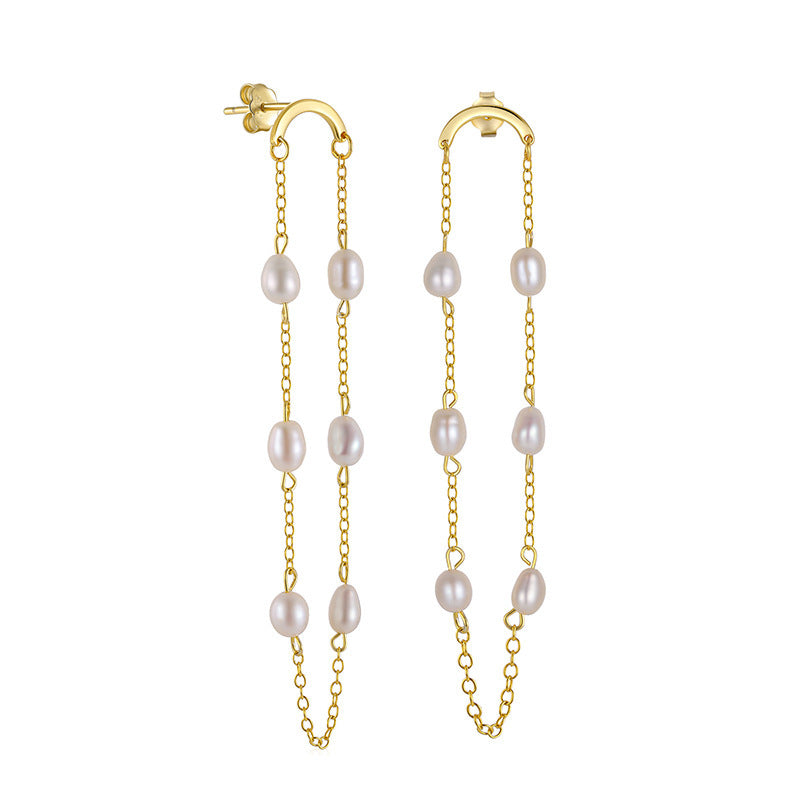 Sterling Silver Pearl Chain Tassel Dangel Earrings