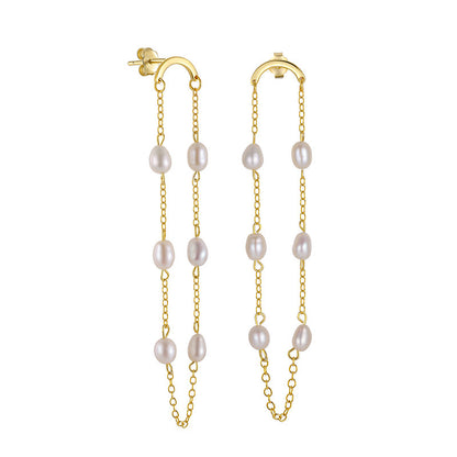 Sterling Silver Pearl Chain Tassel Dangel Earrings