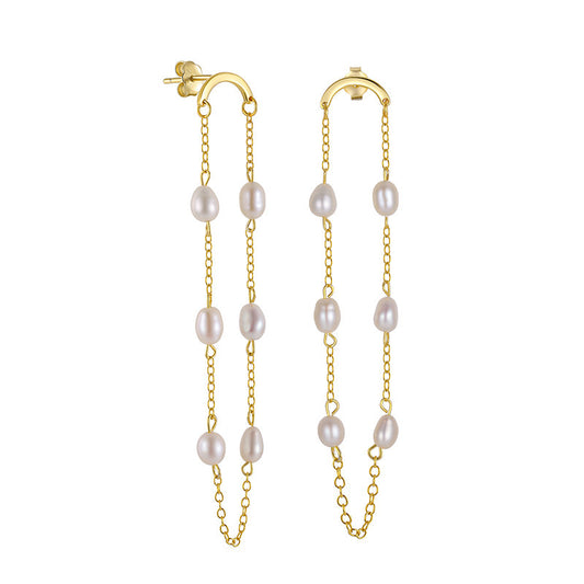 Sterling Silver Pearl Chain Tassel Dangel Earrings