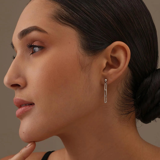 925 Sterling Silver Light-Weight Italian Paper Clip Link-Chain Drop Liner Stud Earrings Jewelry for Women and Teen 30MM