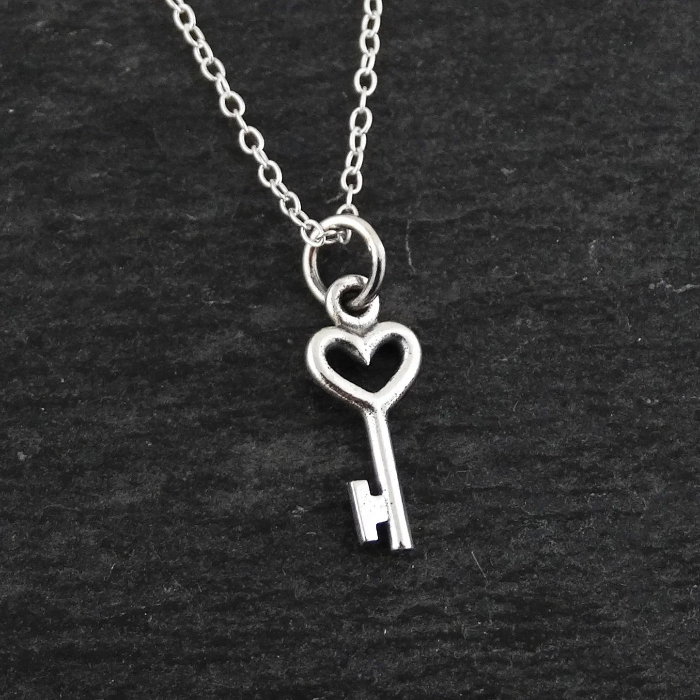 Sterling Silver Tiny Heart Skeleton Key Charm Necklace, 18" Chain