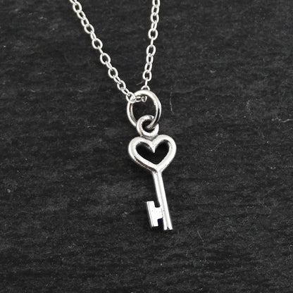 Sterling Silver Tiny Heart Skeleton Key Charm Necklace, 18" Chain