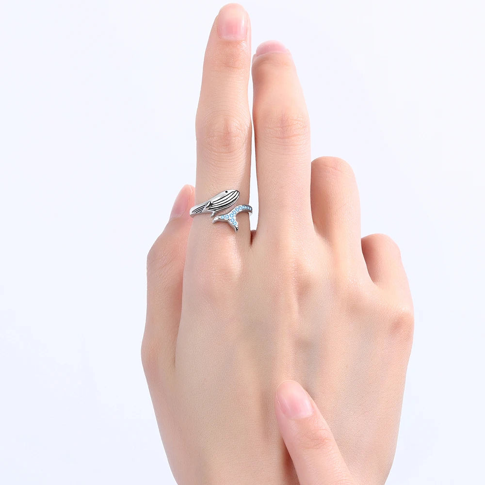 925 Sterling Silver Whale Adjustable Finger Cute Sea Animals Fish Open Ring Birthday Christmas Jewelry Gift for Women Teen Girls