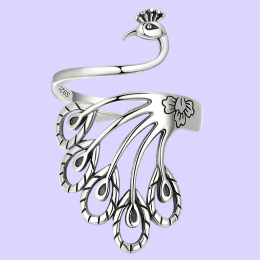 Creative Retro Peacock Sterling Silver Wide Face Ring