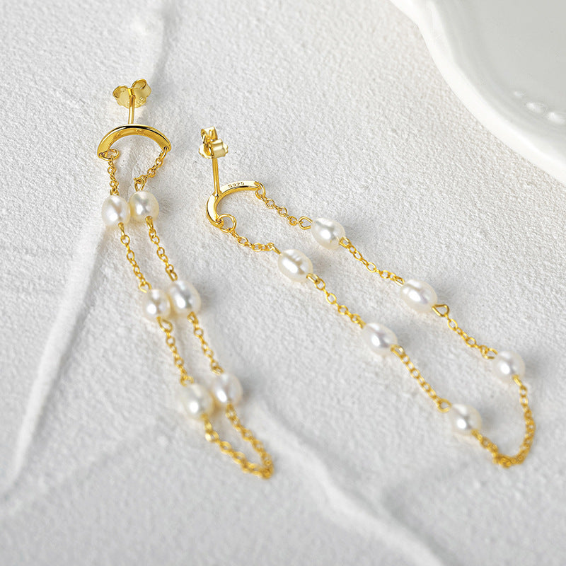 Sterling Silver Pearl Chain Tassel Dangel Earrings