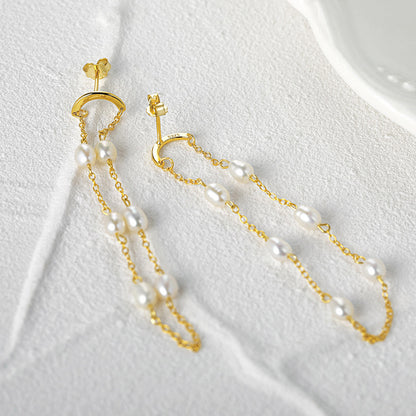 Sterling Silver Pearl Chain Tassel Dangel Earrings
