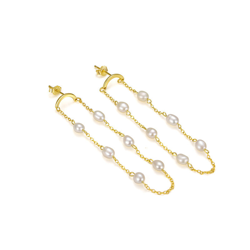 Sterling Silver Pearl Chain Tassel Dangel Earrings