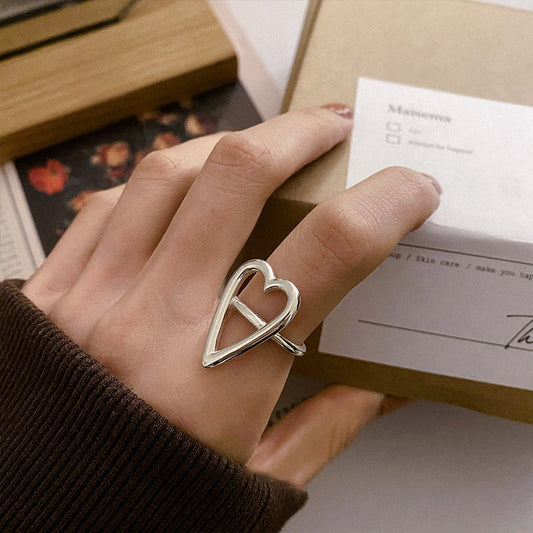 Sterling Silver Long Hollow Heart Multilayer Ring