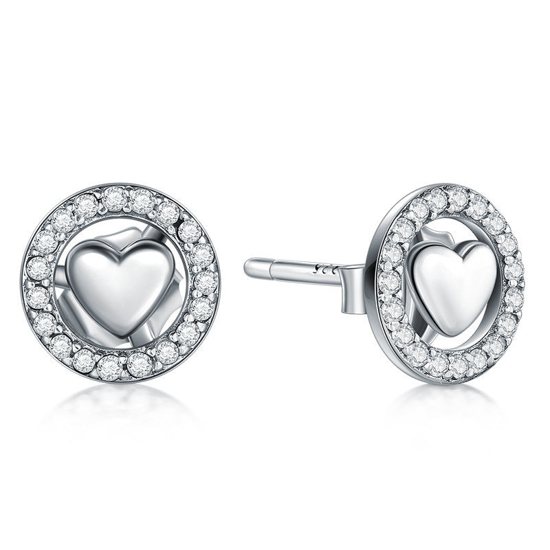 Sterling Silver Pave Heart Circle Studs