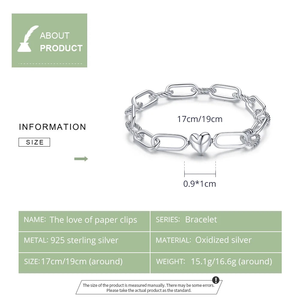 Silver Paper Clip Bracelet 925 Sterling Silver Heart Love Chain Bracelets for Women Engagement Jewelry Gift SCB202
