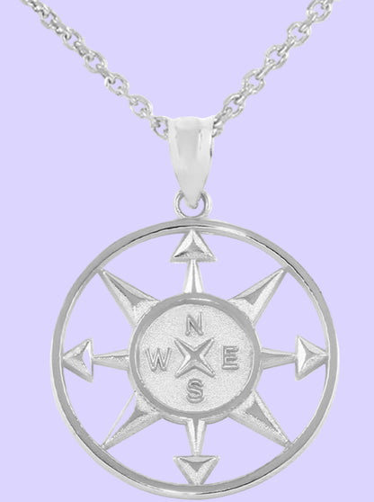 925 Sterling Silver Compass Navigation round Pendant Necklace, 20"