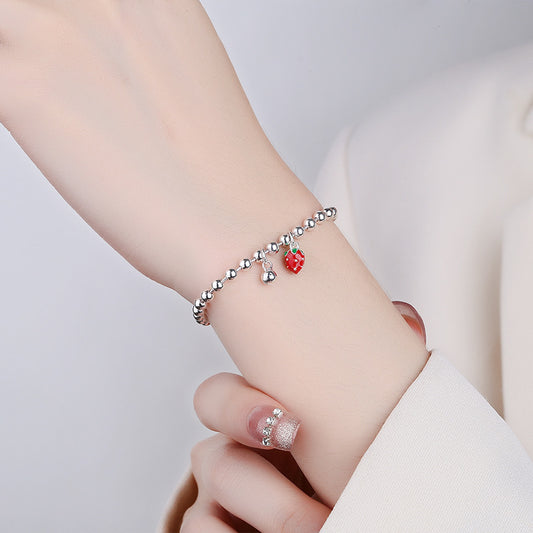 Sterling Silver Tiny Strawberry & Bell Silver Bead Bracelet