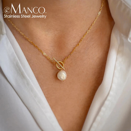 Emanco Freshwater Pearl Toggle Necklace for Women Paperclip Chain Necklace Stainless Steel Long Box Square Chain Long Choker