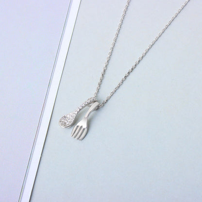 Sterling Silver Pave Spoon with Fork Necklace