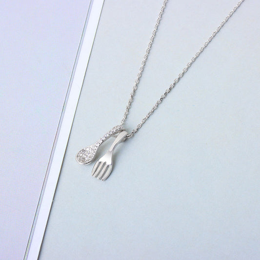 Sterling Silver Pave Spoon with Fork Necklace