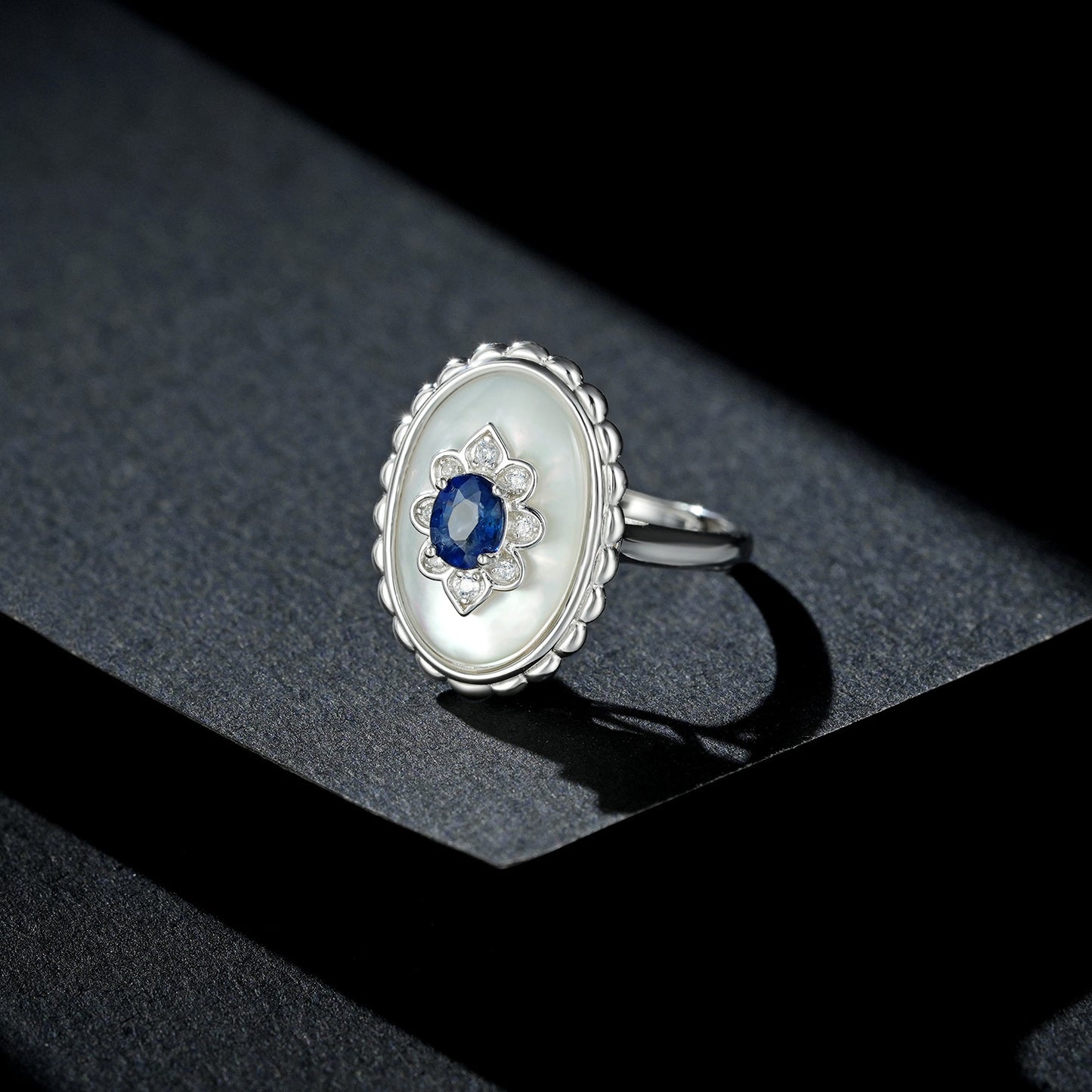 Sterling Silver Art Deco Framed Sapphire Coin Ring