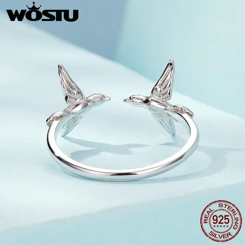 Real 925 Sterling Silver Double Kingfisher Opening Ring for Women Cute Bird Stackable Rings Jewelry Gift Party Accessories